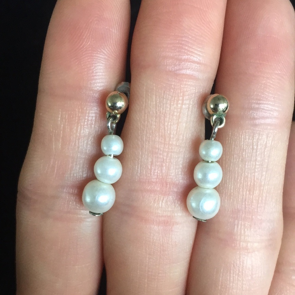 Vintage Faux Pearl Gold Tone Dangle Stud Earrings